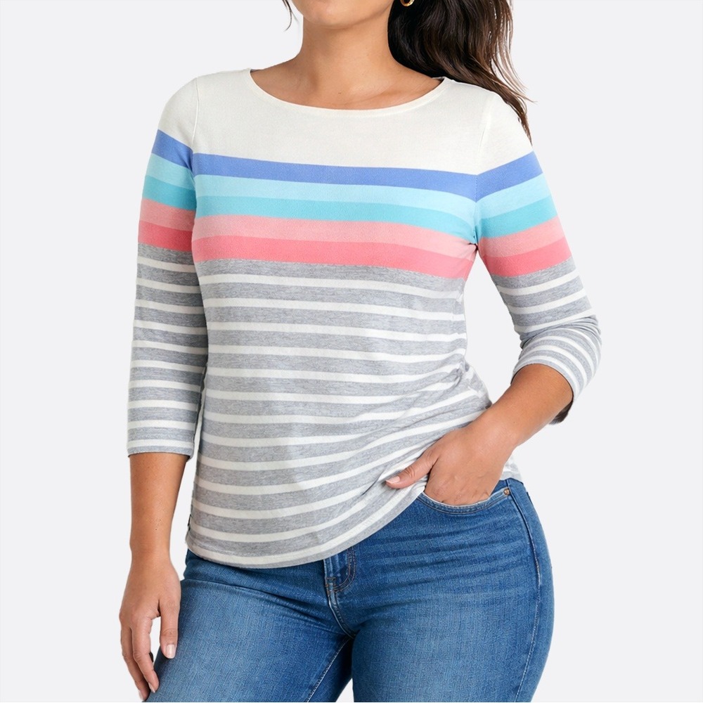 Talbots Hamilton Stripe Authentic Tee Size M‎ Cotton Pastel Boat Neck Top Cream